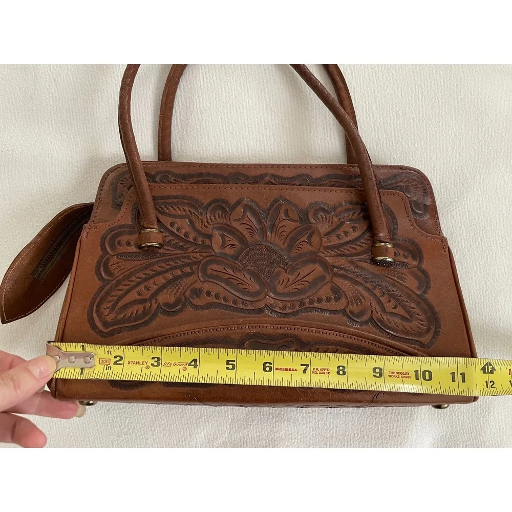 Vtg Mikes MGE Hand Tooled Floral Leather Satchel Bag Brown Western Boho Mexico